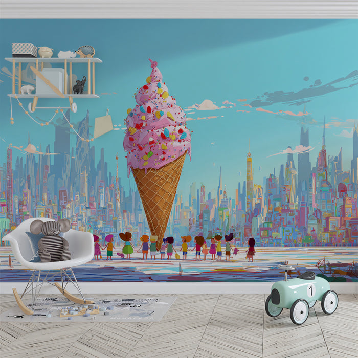 Murales de Papel Tapiz de Cono de Helado Gigante en la Ciudad | Arte Pop Urbano Caprichoso