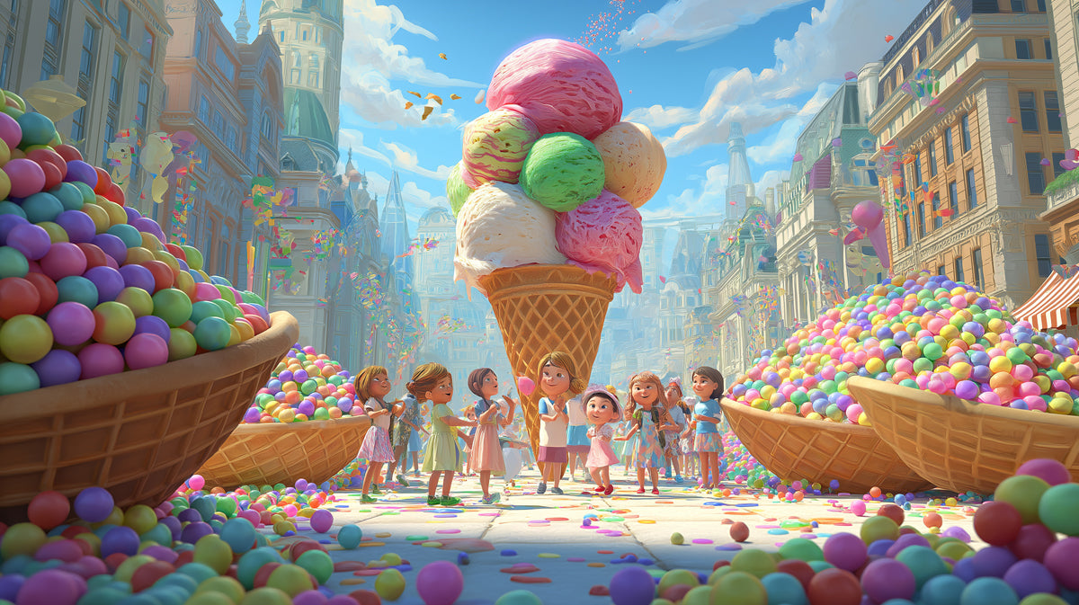 Carta da parati murale per festa a tema cono gelato gigante | Festival di dolci golosi e fantastici