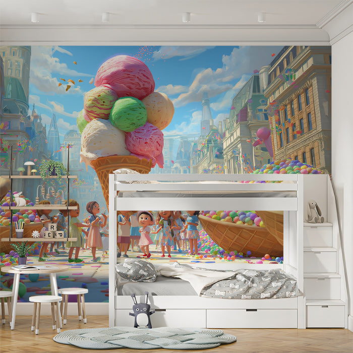 Giant Ice Cream Cone Party Mural Wallpaper | Whimsical Sweet Treat Festival