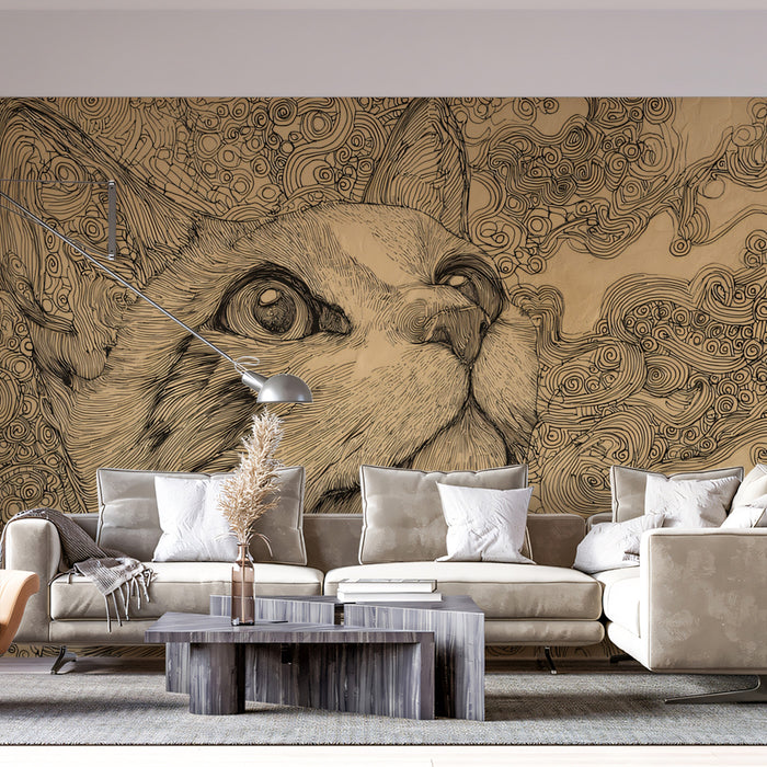 Intricate Cat Line Art Mural Wallpaper | Detailed Feline Sketch with Swirling Patterns