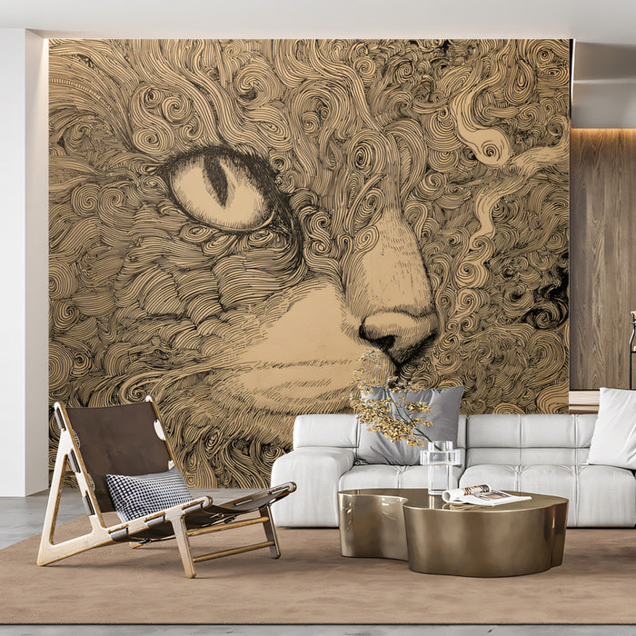 Mysterious Cat Line Art Mural Wallpaper | Detailed Feline Sketch with Swirling Patterns