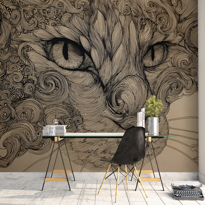 Intense Cat Eye Line Art Mural Wallpaper | Detailed Feline Sketch with Swirling Patterns