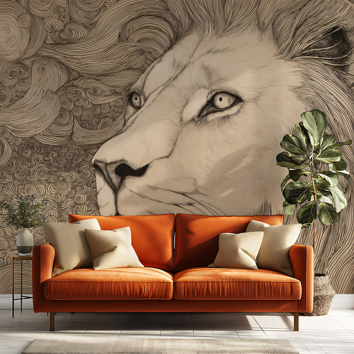 Regal Lion Line Art Mural Wallpaper | Detailed King of the Jungle Sketch with Swirling Patterns