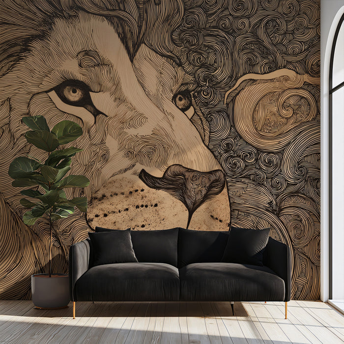 Expressive Lion Line Art Mural Wallpaper | Detailed King of the Jungle Sketch