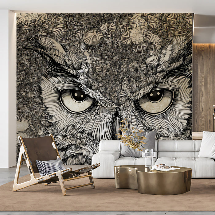 Moody Owl Line Art Mural Wallpaper | Detailed Nocturnal Sketch with Swirling Patterns