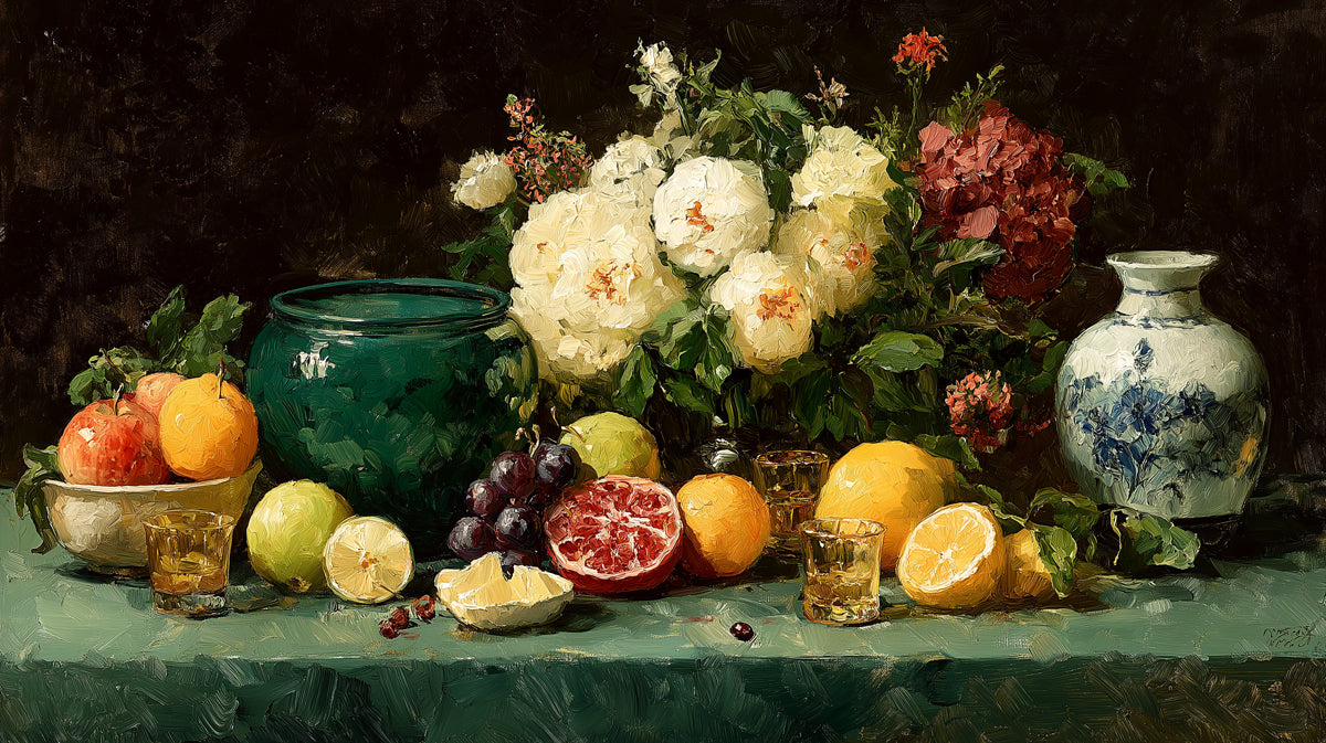 Natura Morta Tradizionale con Melograni e Fiori Carta da Parati Murale | Arte Pittorica Classica a Olio