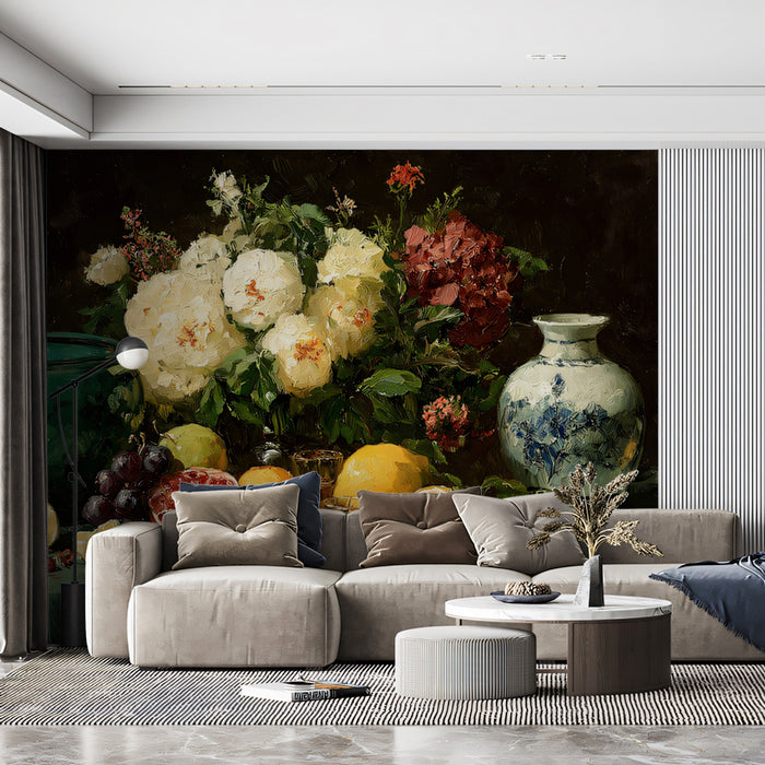 Traditional Still Life with Pomegranates & Flowers Mural Wallpaper | Classic Oil Painting Art