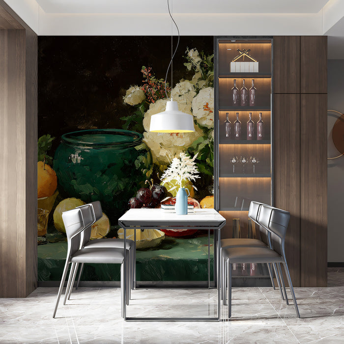 Natura Morta Tradizionale con Melograni e Fiori Carta da Parati Murale | Arte Pittorica Classica a Olio