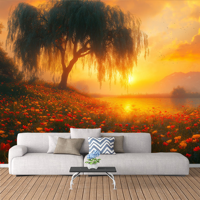 Sunset Willow Tree Mural Wallpaper in Living Room | Orange, Yellow, and Green Sunset