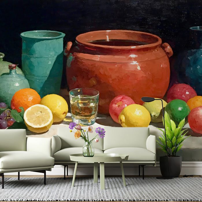 Classic Still Life with Fruits & Vases Mural Wallpaper | Timeless Oil Painting Art