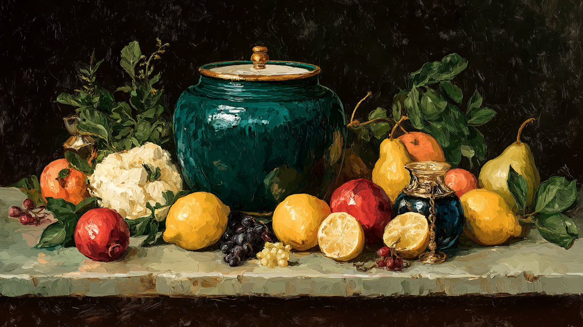 Natura Morta Tradizionale con Calderone e Frutta Murale in Carta da Parati | Arte Pittorica Classica a Olio