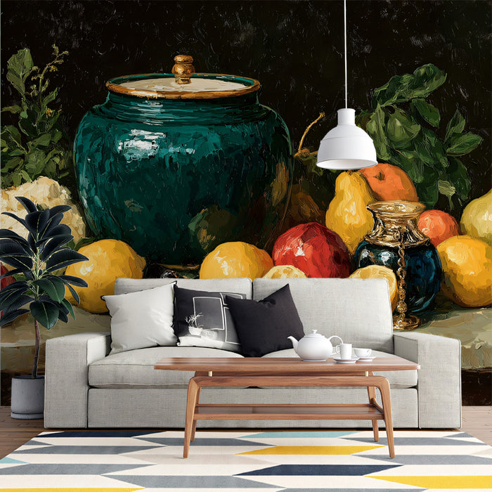 Traditional Still Life with Cauldron & Fruits Mural Wallpaper | Classic Oil Painting Art