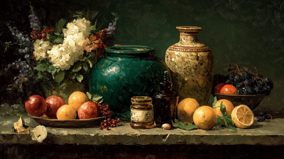 Natura Morta Classica con Vasi e Frutta Carta da Parati Murale | Arte Ricca di Pittura ad Olio