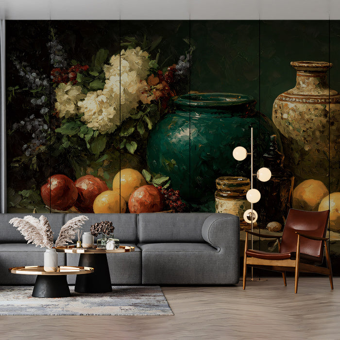 Classic Still Life with Vases & Fruits Mural Wallpaper | Rich Oil Painting Art