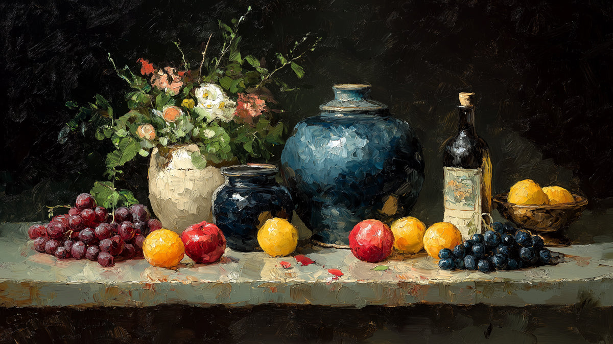 Natura Morta Tradizionale con Vasi Blu Murale Carta da Parati | Arte Classica Pittura ad Olio