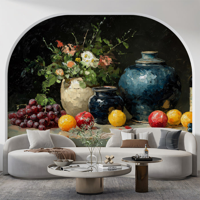 Natura Morta Tradizionale con Vasi Blu Murale Carta da Parati | Arte Classica Pittura ad Olio
