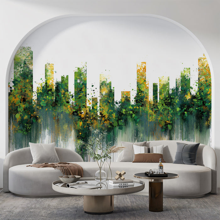 Abstract Green Cityscape Mural Wallpaper | Modern Urban Art with Water Reflections