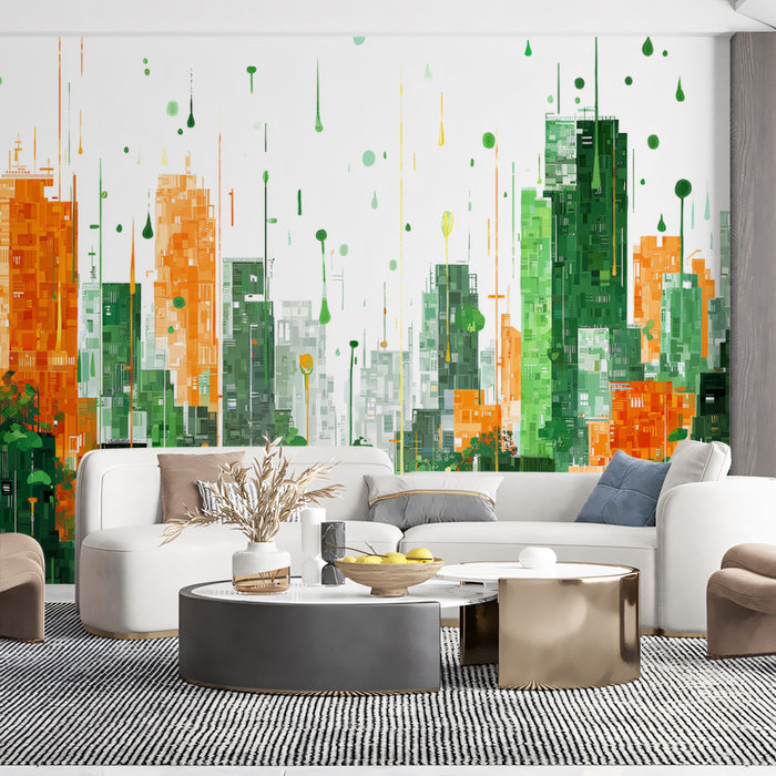Eco-Cityscape Abstract Mural Wallpaper | Vibrant Urban Art with Greenery