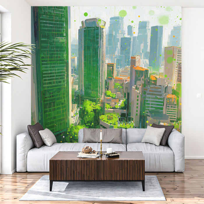 Green Oasis Cityscape Mural Wallpaper | Vibrant Urban Art with Nature Fusion