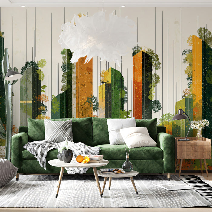 Vertical Green Cityscape Mural Wallpaper | Abstract Urban Art with Nature Infusion