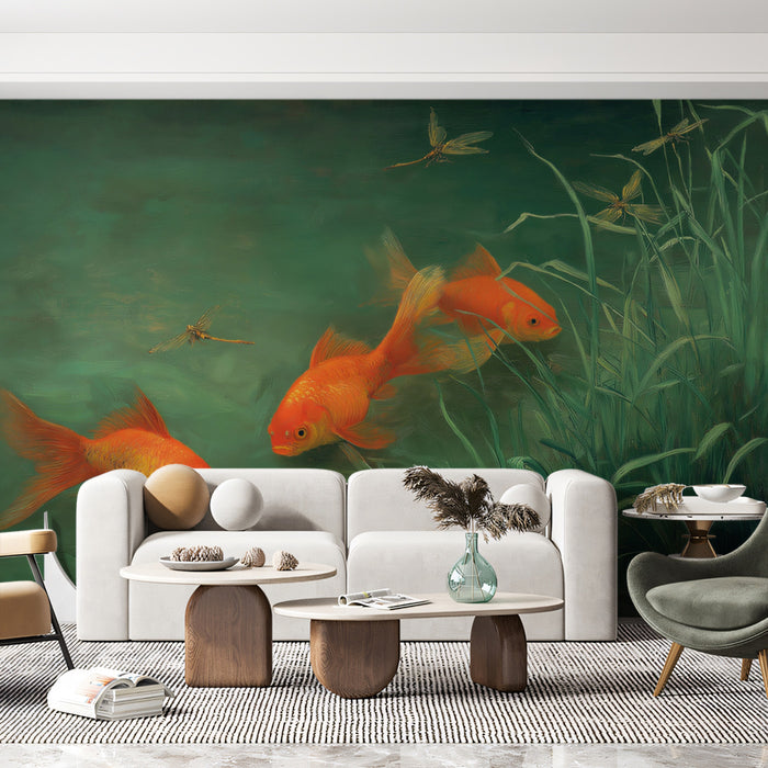 Goldfish Pond Painting Mural Wallpaper | Classic Oil Painting of Koi & Dragonflies