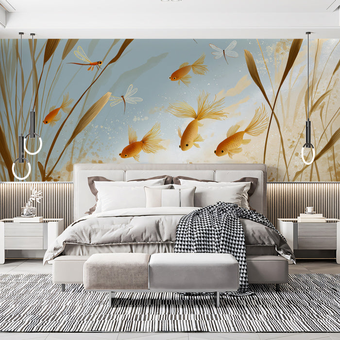 Golden Koi Pond Mural Wallpaper | Whimsical Goldfish & Dragonfly Art
