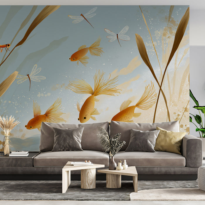 Golden Koi Pond Mural Wallpaper | Whimsical Goldfish & Dragonfly Art