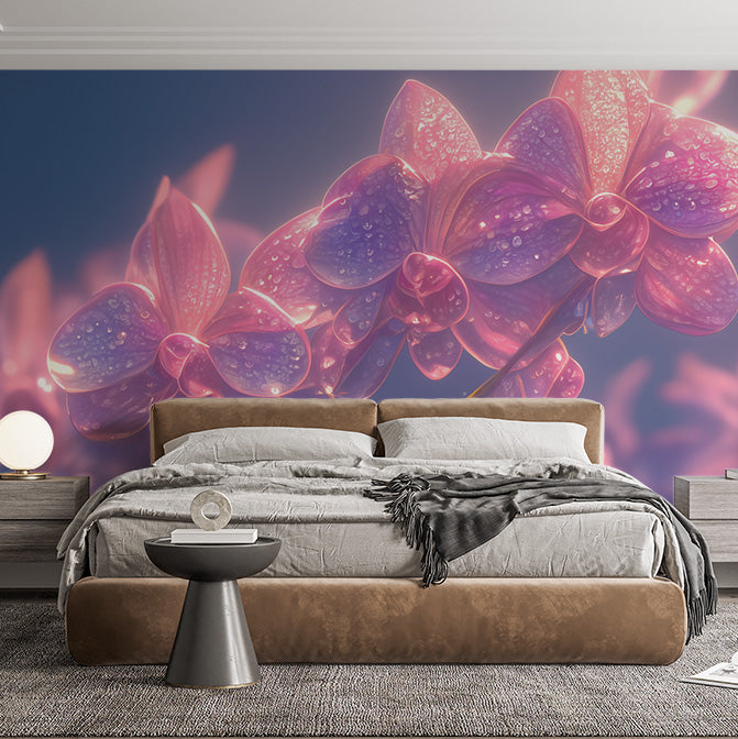 Pink Orchid Mural Wallpaper in Bedroom | Pink, Purple, and Blue Orchid