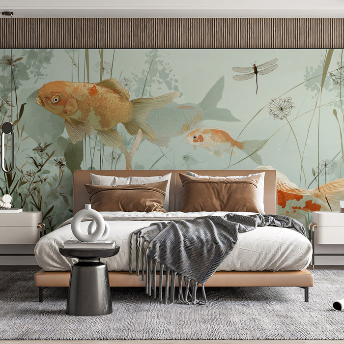 Abstract Koi Pond Mural Wallpaper | Whimsical Goldfish & Dragonfly Art