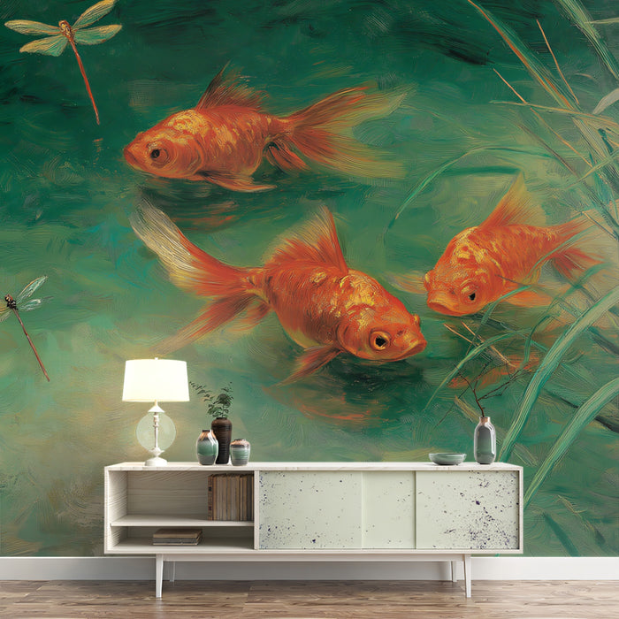 Golden Koi Pond Art Mural Wallpaper | Traditional Fish Painting with Dragonflies