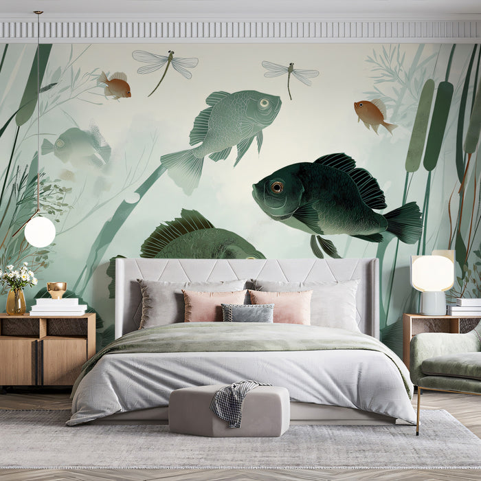 Serene Fish Pond Art Mural Wallpaper | Peaceful Aquatic Scene with Dragonflies