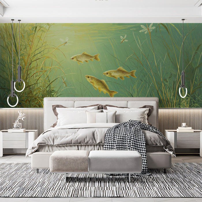 Tranquil Underwater Fish Scene Mural Wallpaper | Peaceful Aquatic Art with Dragonflies