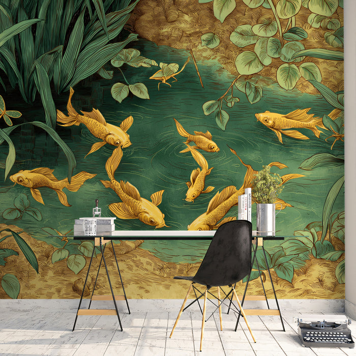 Golden Fish Pond Art Mural Wallpaper | Traditional Illustration of Koi with Dragonflies