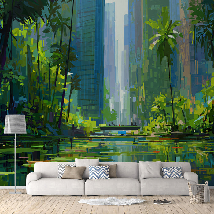 Green City River Mural Wallpaper | Abstract Urban Landscape with Nature Fusion