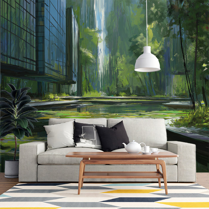 Serene Green City Pond Mural Wallpaper | Abstract Urban Landscape with Nature Fusion