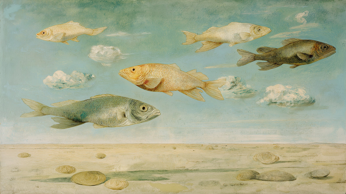 Fisch am Himmel Gemälde Wandmalerei Tapete | Surreale Landschaft mit Wolken