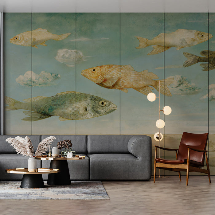 Fish in the Sky Painting Mural Wallpaper | Surreal Landscape with Clouds