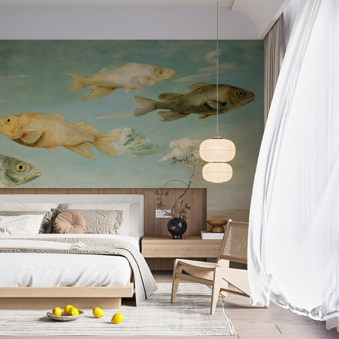 Fisch am Himmel Gemälde Wandmalerei Tapete | Surreale Landschaft mit Wolken