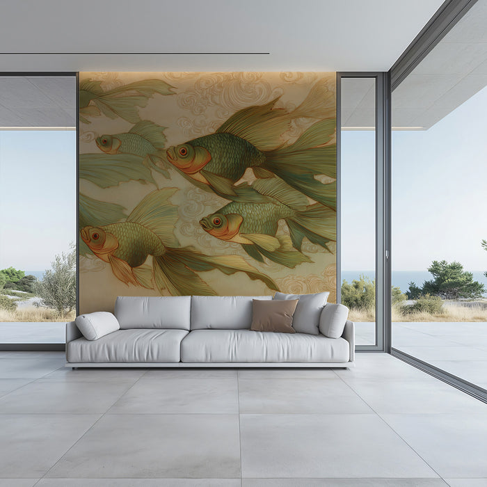 Ethereal Fish in the Sky Mural Wallpaper | Surreal Painting with Koi & Clouds