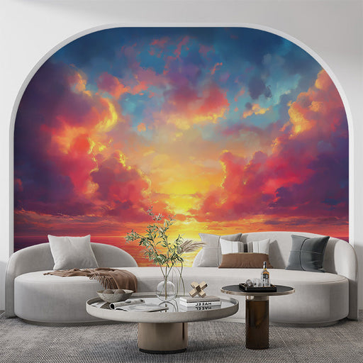 Sunset Clouds Mural Wallpaper in Living Room | Orange, Red, Blue, and Purple Sunset Clouds