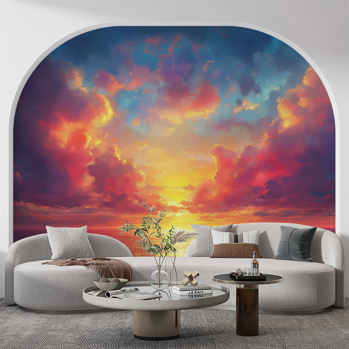 Sunset Clouds Mural Wallpaper in Living Room | Orange, Red, Blue, and Purple Sunset Clouds