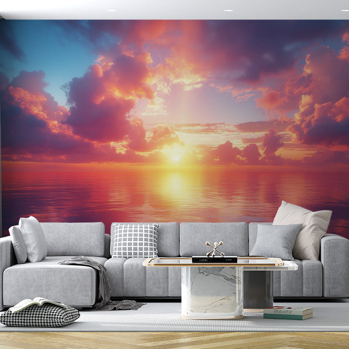 Sunset Clouds Mural Wallpaper in Living Room | Orange, Red, Blue, and Purple Sunset Clouds -1