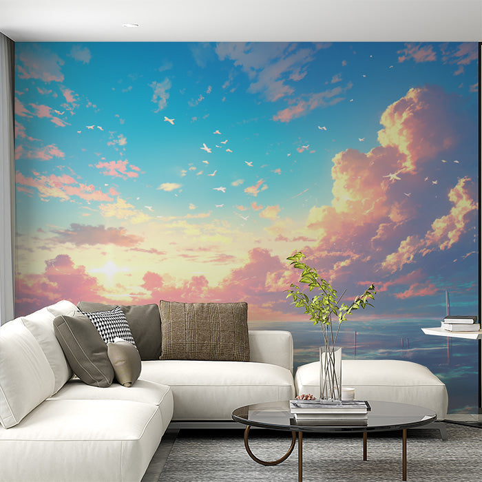 Sunset Clouds Mural Wallpaper in Living Room | Orange, Red, Blue, and Purple Sunset Clouds -2
