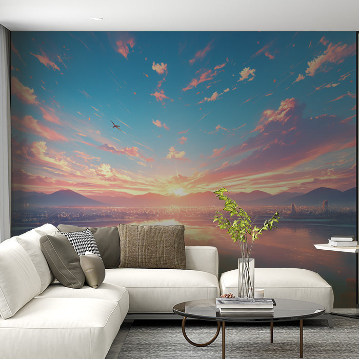 Sunset Clouds Mural Wallpaper in Living Room | Orange, Red, Blue, and Purple Sunset Clouds -4