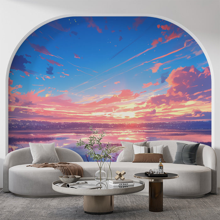 Sunset Clouds Mural Wallpaper in Living Room | Orange, Red, Blue, and Purple Sunset Clouds -5