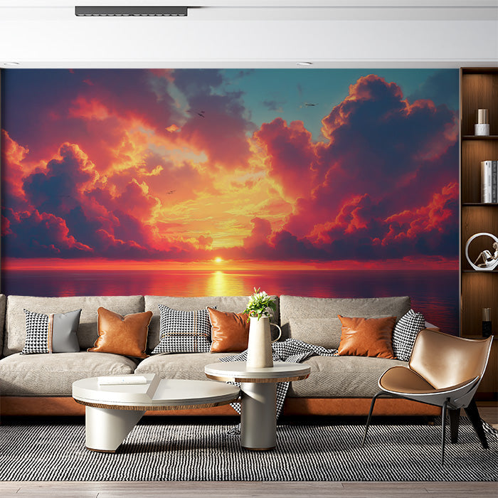 Sunset Clouds Mural Wallpaper in Living Room | Orange, Red, Blue, and Purple Sunset Clouds -6