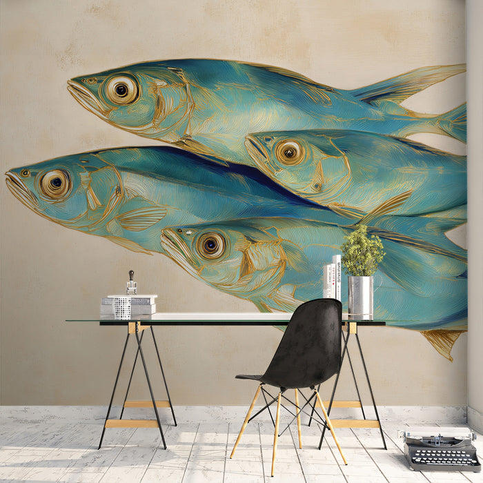 Blue Fish School Painting Mural Wallpaper | Serene Aquatic Art