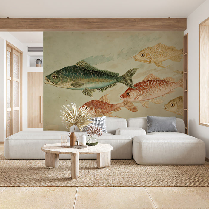 Vintage Fish School Painting Mural Wallpaper | Classic Aquatic Art