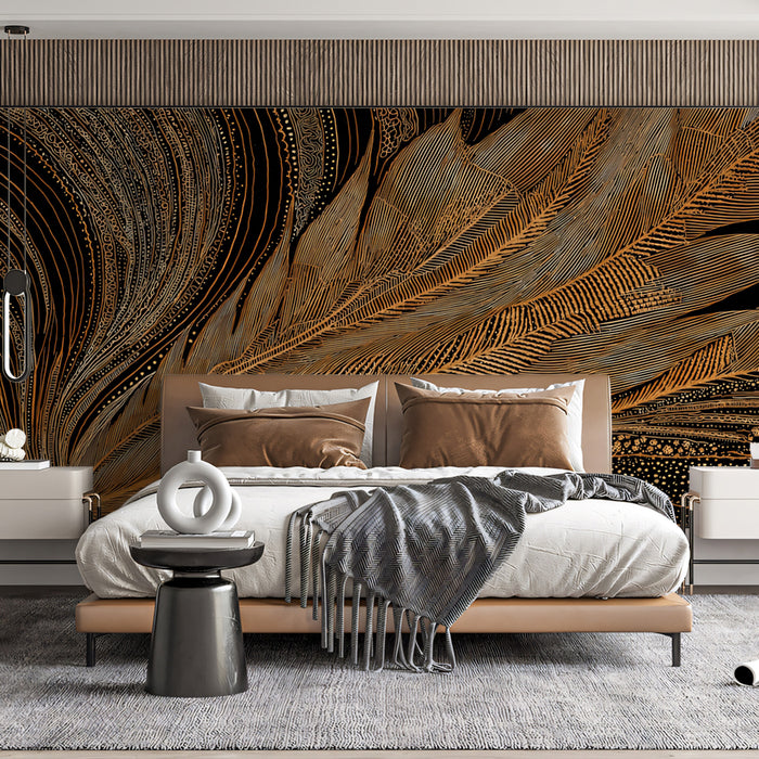 Abstract Golden Feather Art Mural Wallpaper | Luxurious Line Art with Shimmering Accents