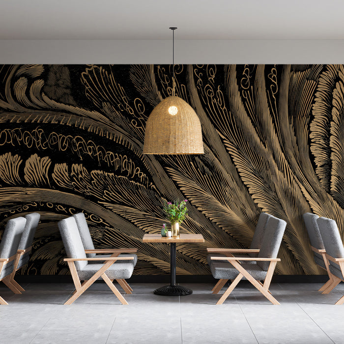 Abstract Golden Feathers Mural Wallpaper | Luxurious Line Art with Intricate Patterns